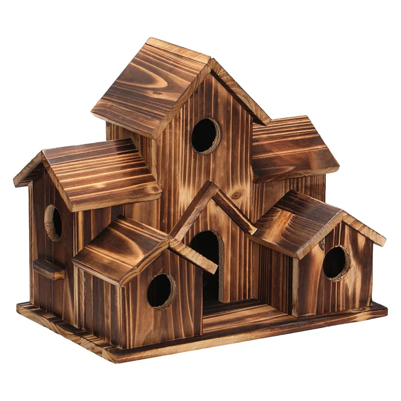 Hanging Wooden Bird House for Outside 6 Hole Wooden Bird House Courtyard Backyard Decorations