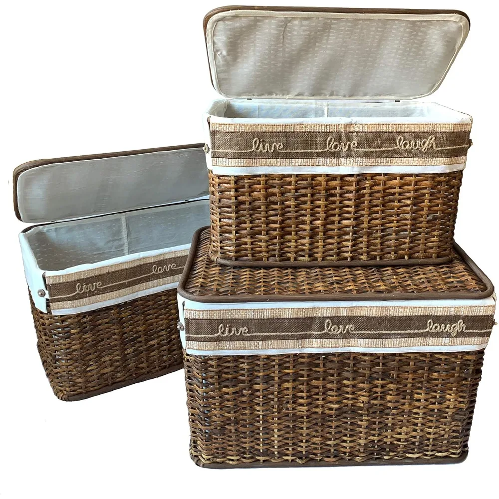 

Storage Bins Handcrafted Wicker Set of 3 Handwoven Rattan Footlocker Basket Chest Home Organizers with Lids, Storage Box