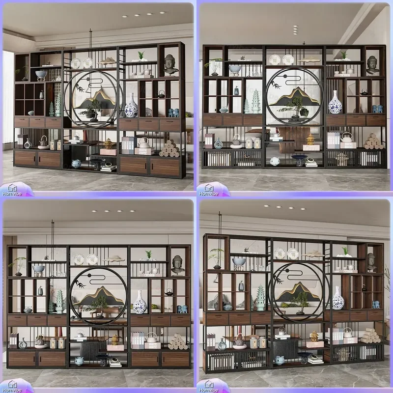 New Chinese Style Wrought Iron Room Divider Screen Floor to Ceiling Display Shelf Storage Cabinet Partition for Office Tea