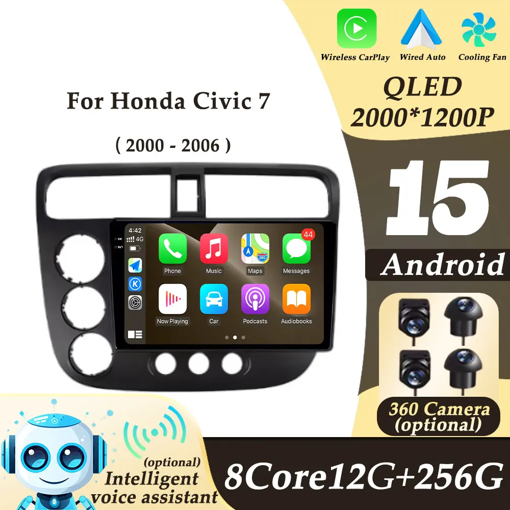 Left Hand Drive for Honda Civic 7 2000-2006  Wireless CarPlay Android 15 Car Radio Video Audio Multimedi Player GPS Navi DSP BT