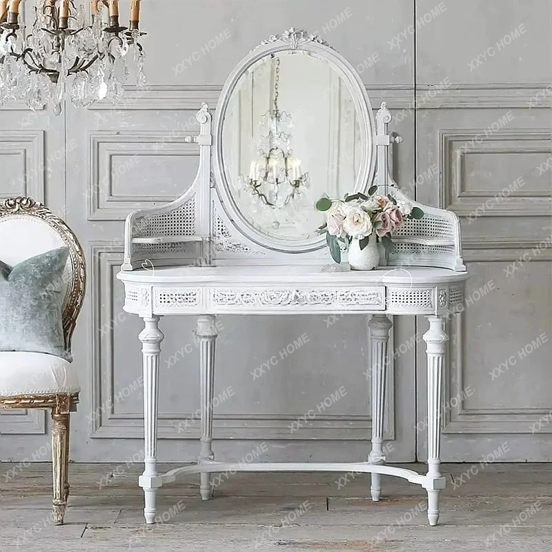 XXVintage Solid Wood Dressing Table with Carved Mirror, Country Style Vanity Desk for Bedroom