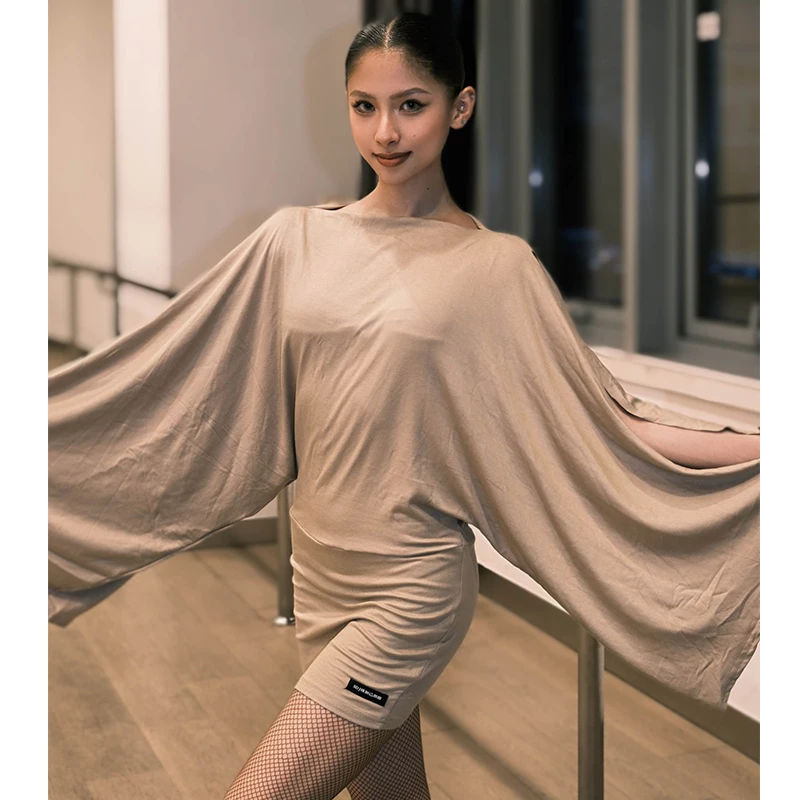 

Платье цвета хаки для латинских танцев, женская тренировочная одежда, платье с очень большими рукавами и запахом на бедрах, сексуальная одежда для танцев румбы для взрослых DNV25693