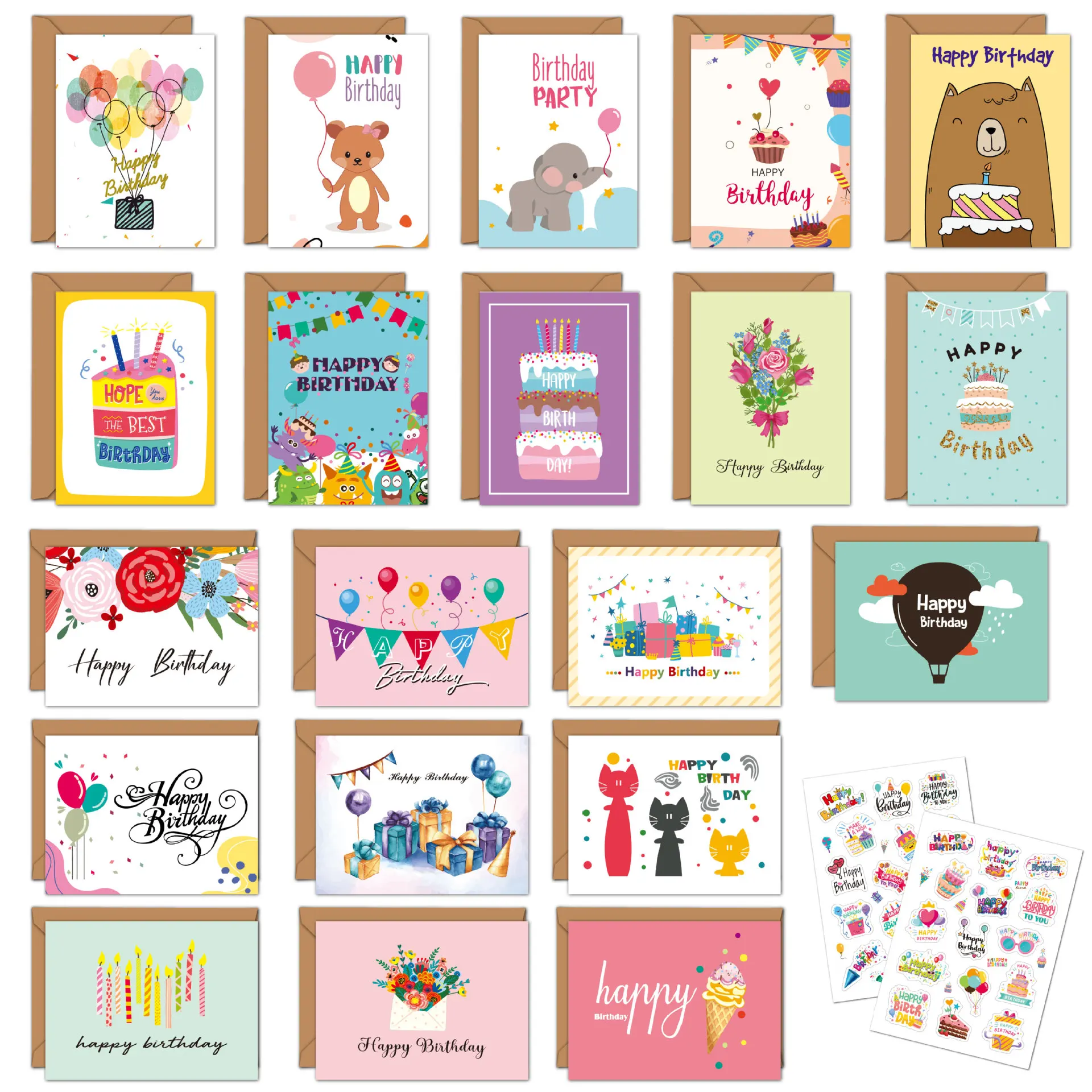 20pcs Happy Birthday Greeting Card With Envelope Birthday Party Invitation Cards Children DIY Handwritten Cards Message Card Set