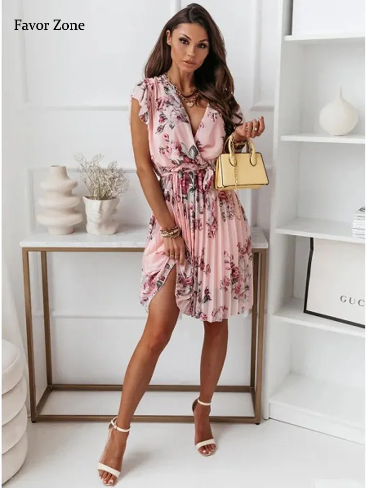 

Floral Print Chiffon Holiday Dress Women 2023 Summer Sexy Deep V-neck Slim A-line Midi Dresses Casual Ruffles Sleeve Beach Dress