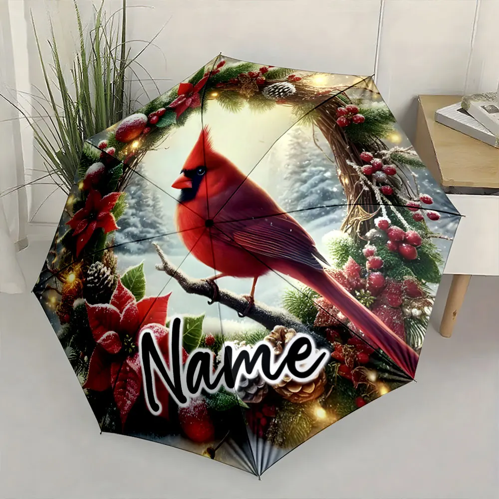 Custom Name Festive Umbrella with Cardinal and Christmas Decor Print 8 Iron Ribs Folding Umbrella Auto-Open Fashion Sunshade