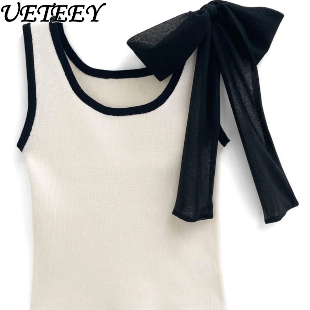 Japanese Style Spring and Summer New Shoulder Silk Scarf Strap Bow Vest Sweet Girls Versatile Outerwear Short Tank Tops