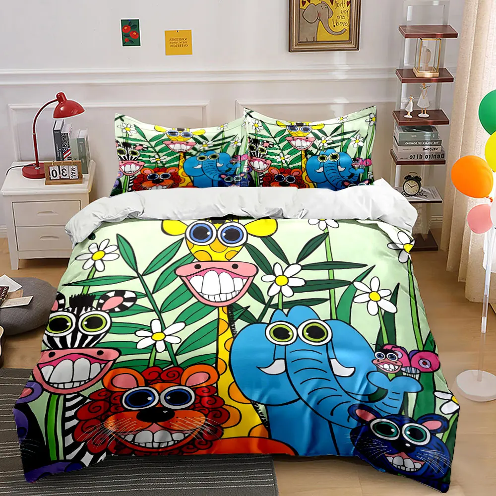 Cartoon animals smiling together Print Soft Comfortable Duvet Cover Bedding Set Included 1*Duvet Cover  2*Pillowcases