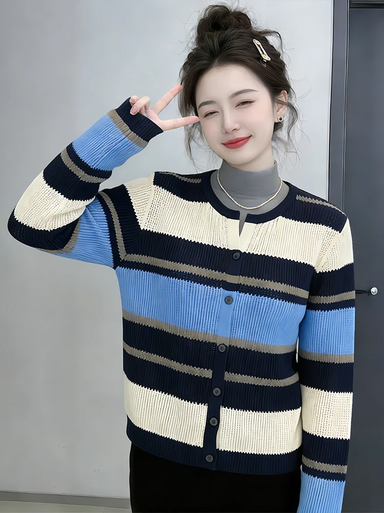 

Корейский полосатый трикотажный джемпер для женщин: модный весенний дизайн, новинка, эффектный цветовой блок, длинный рукав, повседневный свободный крой, топ