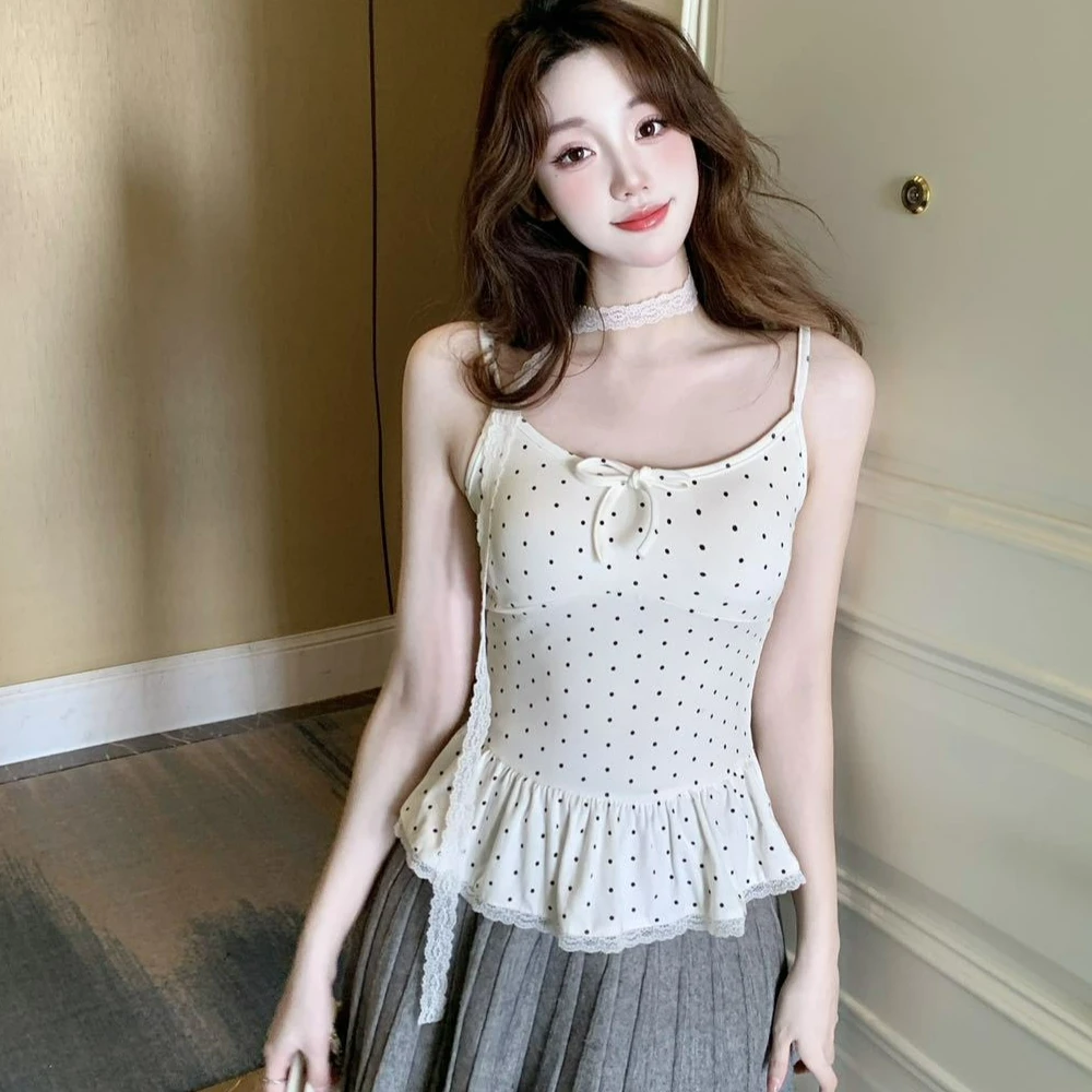 White Polka Dots Women Camisole with Bra Pads Summer Sexy Backless Ruffle Holiday Beach Crop Top 2026