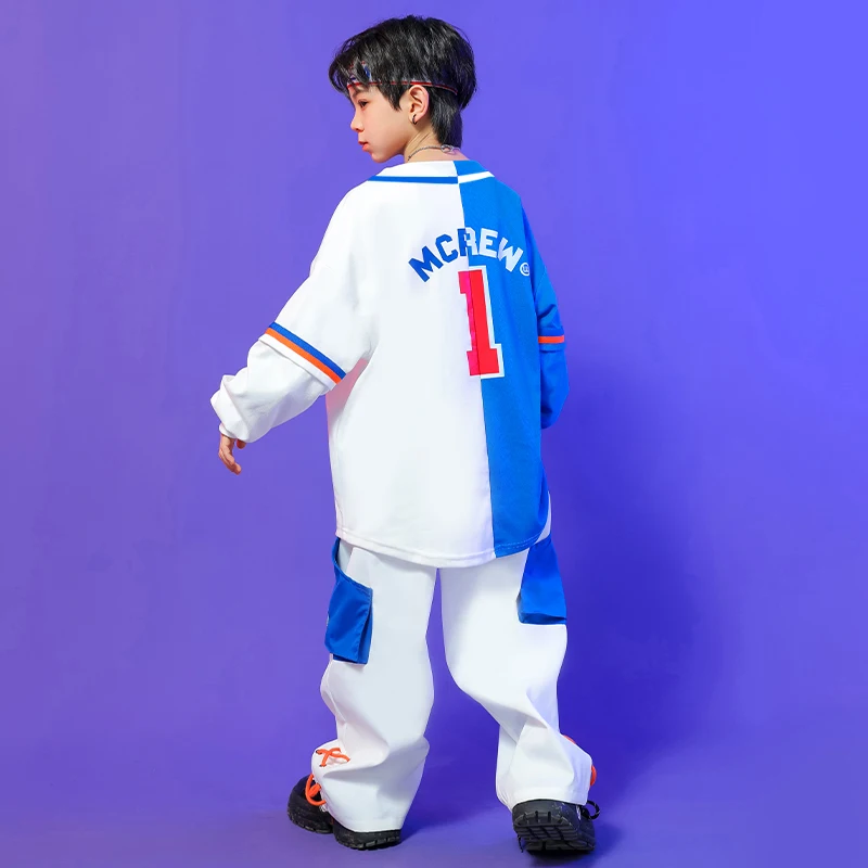 Camisa de pantalones Cargo para niñas y niños, ropa de baile callejero de Jazz, disfraz, ropa de escenario para niños, ropa de Hip Hop Kpop, blanco, azul, béisbol