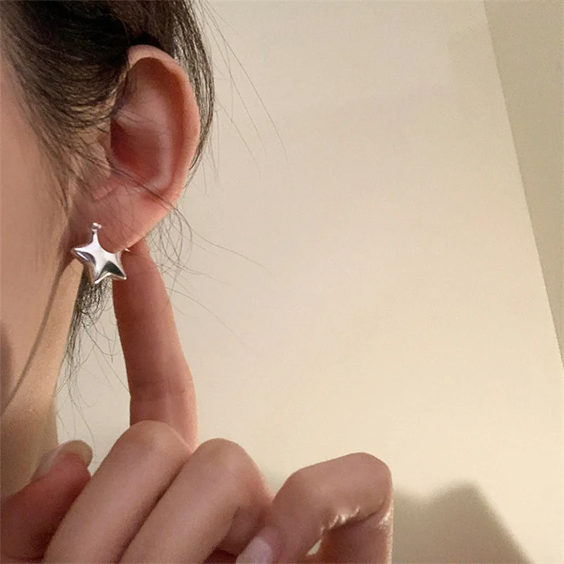 S925 Sterling Silver Stereoscopic Five Point Star Earrings for Women Fashion Jewelry Temperament Cool Style Ear Studs