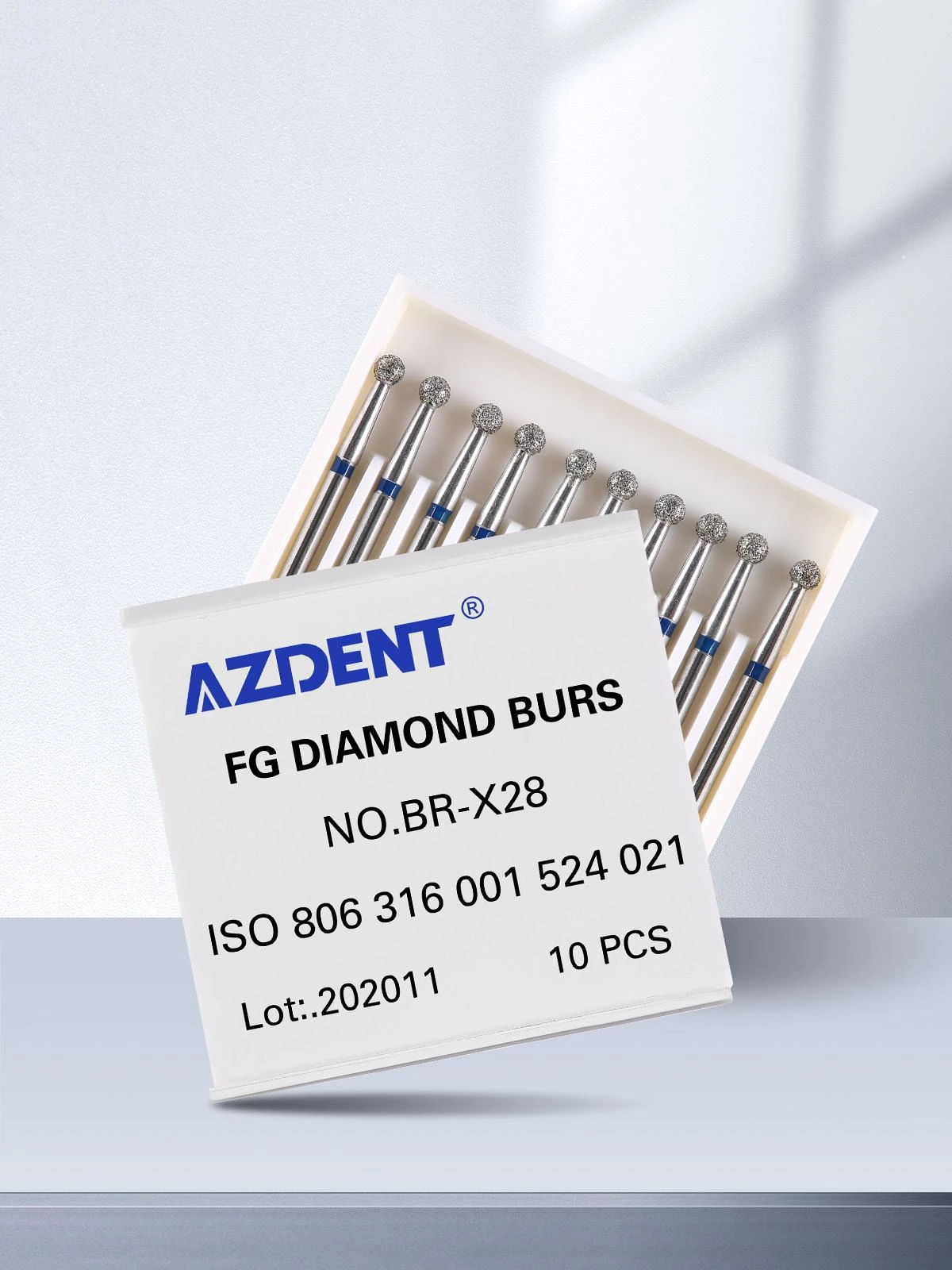 AZDENT 10 Pcs/pack Dental Diamond Bur Ball Round Stainless Steel Bur 25mm FG 1.6mm for High Speed Handpiece 450000r/min