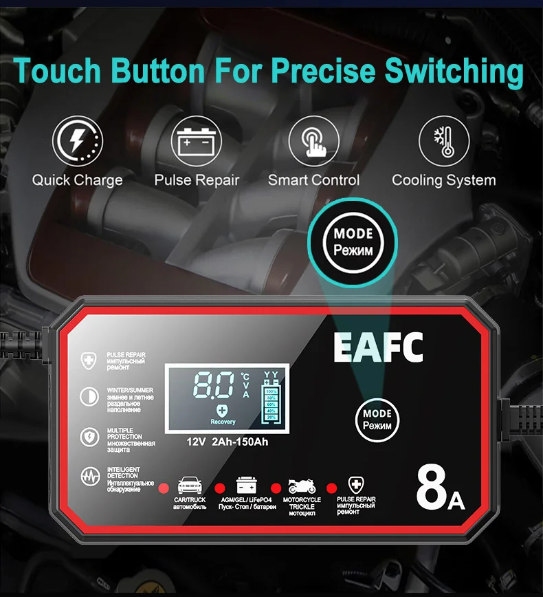 EAFC 6A /8A 12V Intelligentes Autobatterieladegerät Auto- und Motorradbatterieleinheit Blei-Säure-Batterie-Reparatur LCD-Display – Detail 14