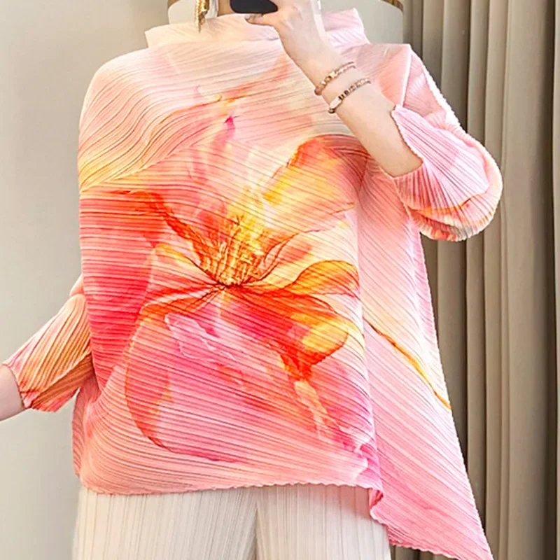 2025 ฤดูร้อน New Wave Miyake หลวมแฟชั่น Stand-up Collar ยาวไม่สม่ําเสมอผู้หญิงเสื้อลําลองพิมพ์ผู้หญิงเสื้อ