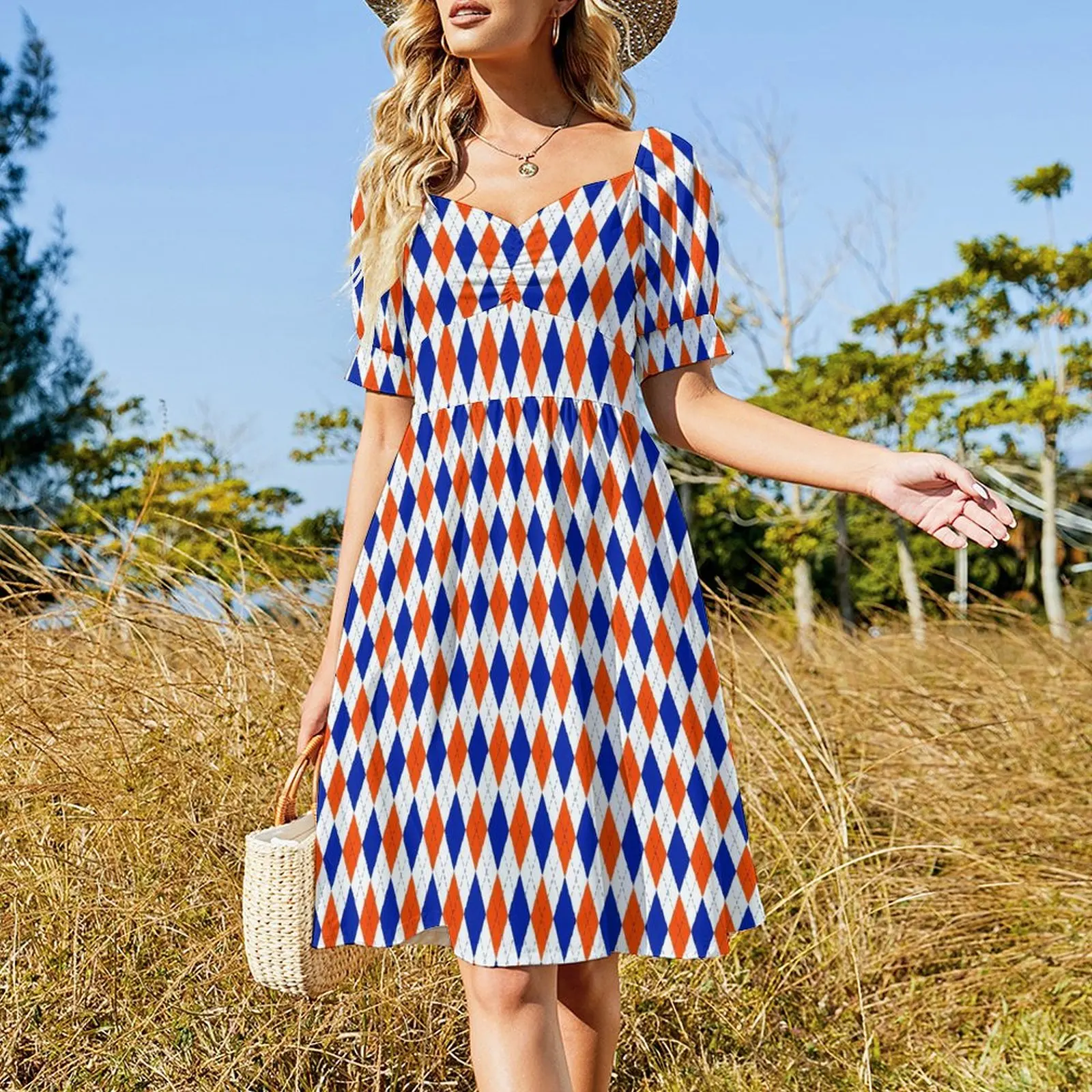 Orange and Blue Traditional Argyle All Over Print Short Sleeved Dress Dress women Dress