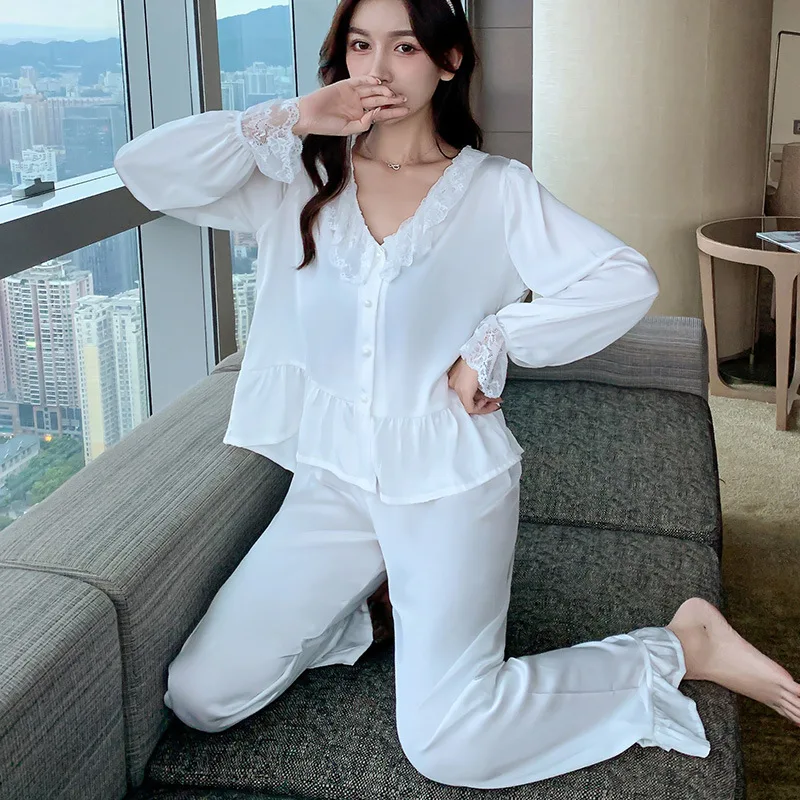 New Women 2PCS Pajamas Set Sweet Cute Lace Ruffles Sleepwear Trouser Suits Spring Autumn Long Sleeve Pijamas Suit Rayon Homewear