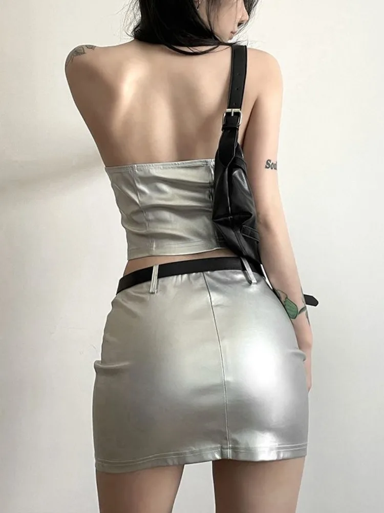 ADAgirl Sexy Silvery Irregular Tank Tops Streetwear High Waisted Mini Skirt Slim Fit Summer Fashion 2 Piece Sets Womens Outfits