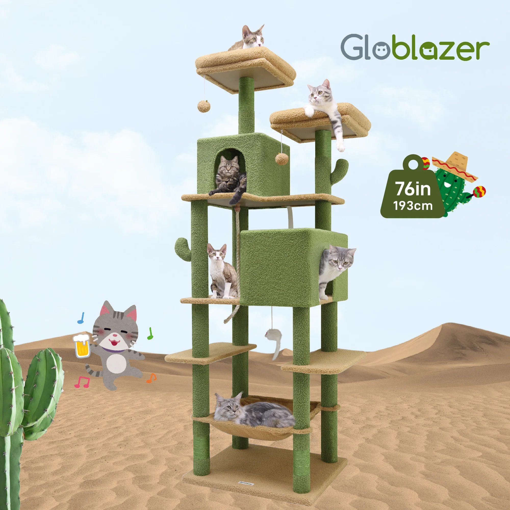 

F76 Cactus Cat Tree Tower | 76-Inch Extra Tall Multi-Level Cat Furniture with Cozy Condos,Interactive Toys and Perches for Cats