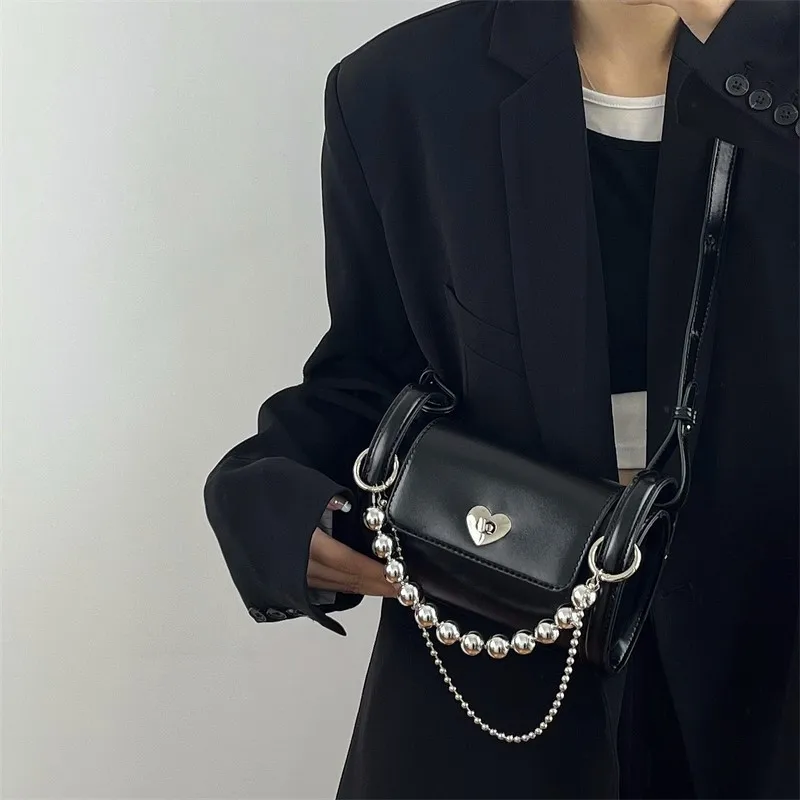 JIAERDI Heart Chain Y2k Bags Women New Sweet Cool PU Leather Vintage Black Shoulder Bag Ladies Casual Harajuku Crossbody Bag