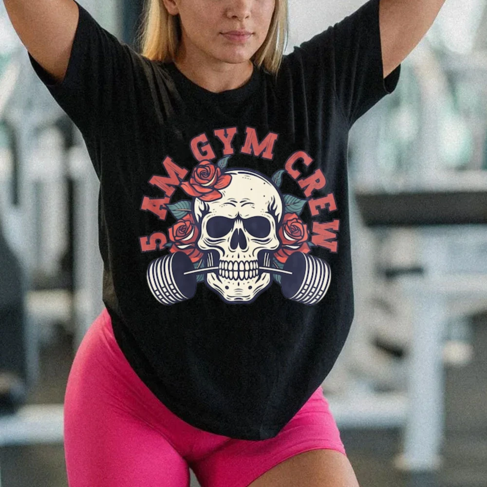 5 AM Crew Gym Pump Cover Gift for Lover Funny Workout T-Shirt Weightlifting Summer Shirt Unique Skeleton Pattern Streetwear Tee