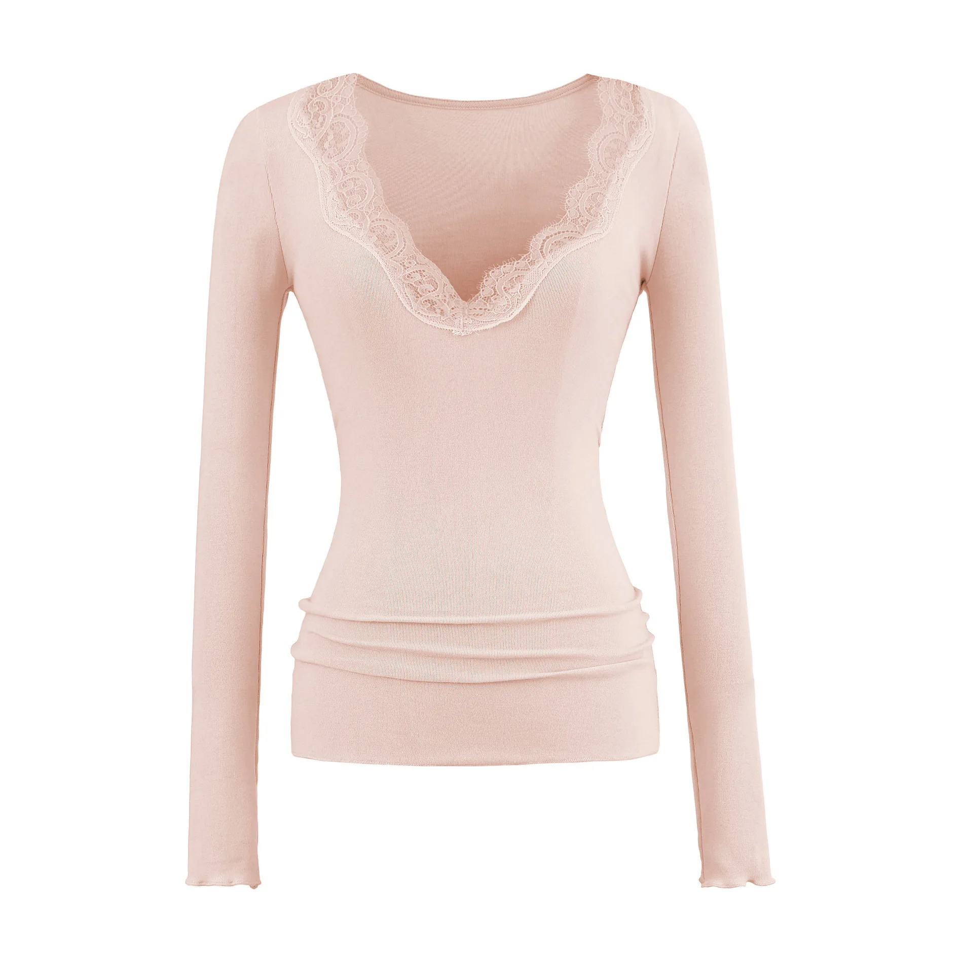 Women V Neck Lace Patchwork Long Sleeve Ribbed Tee Tshirt Top