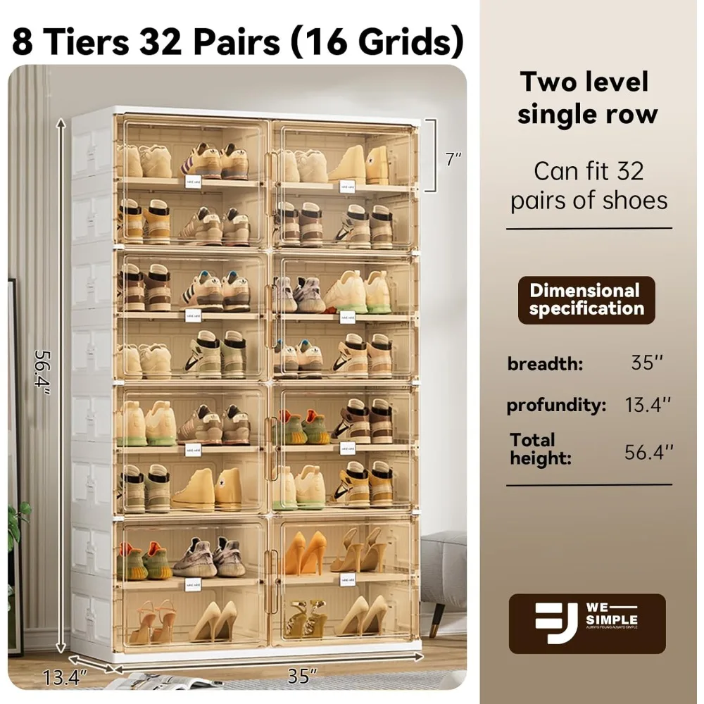 32 زوجًا من خزانة الأحذية المكونة من 3 خطوات للتركيب السريع، صندوق أحذية بلاستيكي مع باب مغناطيسي شفاف للعرض، منظم الأحذية