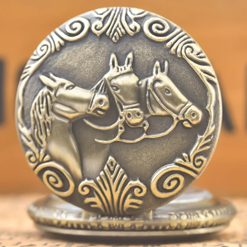 Pocket Watch, Vintage Large Three Horse Bronze Pocket Watch, Vintage Relief Horse Flip Pocket Watch, Fashionable Accessory