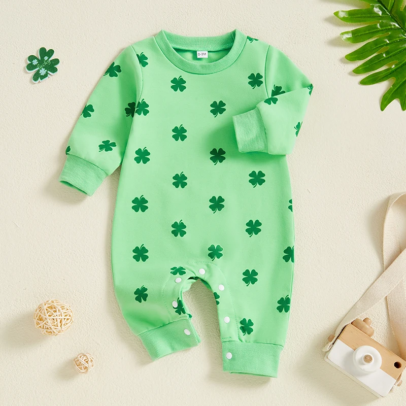 Toddler St Patrick s Day Hooded Romper Green Clover Print Long Sleeve  Jumpsuit with Pockets and Zipper