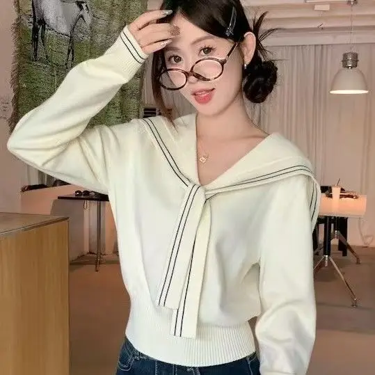 

Винтажные милые свитера с матросским воротником в консервативном стиле, женские осенние вязаные джемперы, повседневные женские свободные полосатые пуловеры с длинными рукавами, новинка