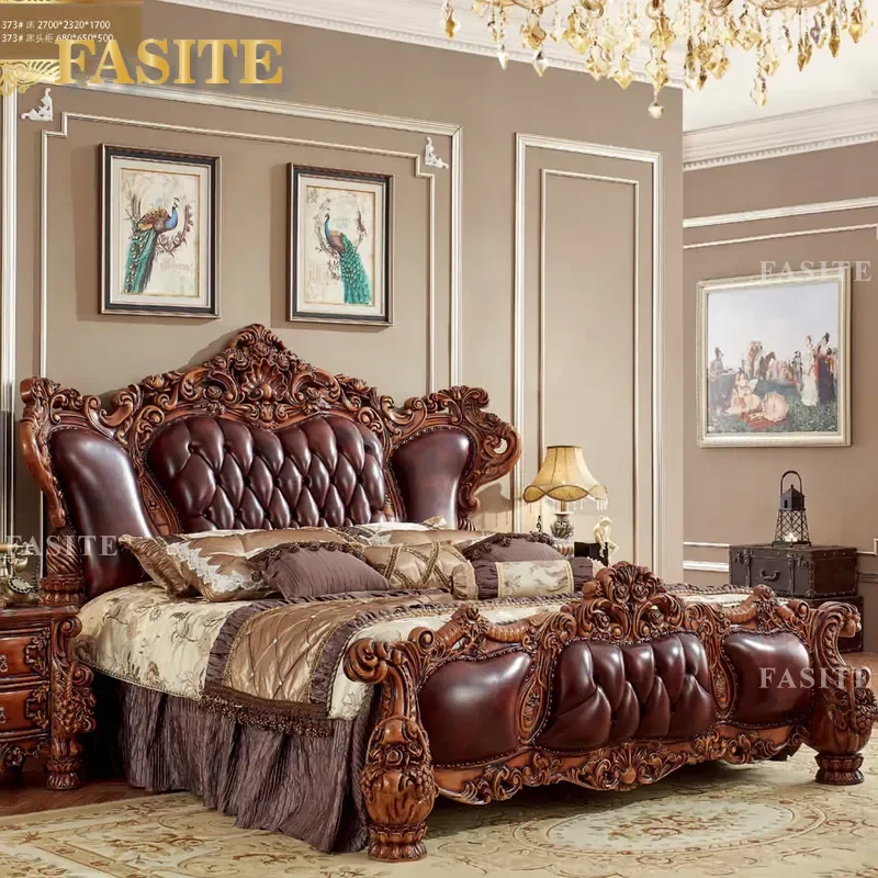 For European Royal Style Luxury Bedroom Furniture Set French Rococo Italian Design Solid Wood Bed Elegant Home Decor