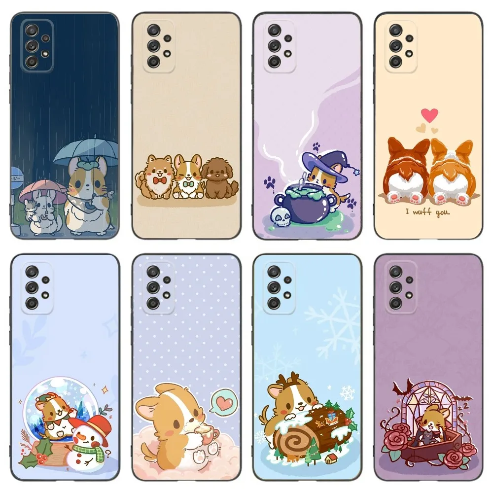 Cartoon Corgi Cute Phone Case For Samsung Galaxy A13,A21s,A22,A31,A32,A52,A53,A71,A80,A91 Soft Black Phone Cover