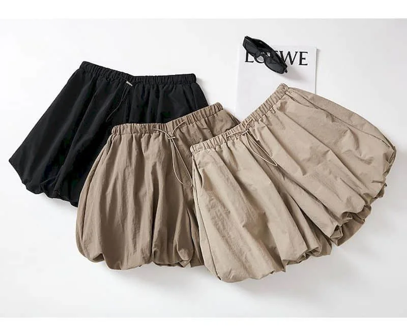 Solid Shorts for Women Casual Loose Flower Bud A-line Wide Leg Fluffy Shorts Elastic Waist Lantern Pants Workwear Women Clothing