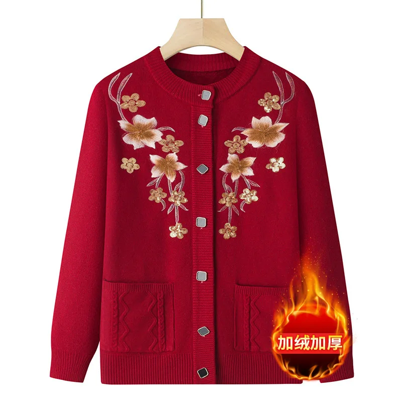 Autumn Winter Sweater Fleece Cardigan Warm Embroidery Floral Long Sleeve Single-breasted Coat Knit Jacket Thick Jumpers Clothing