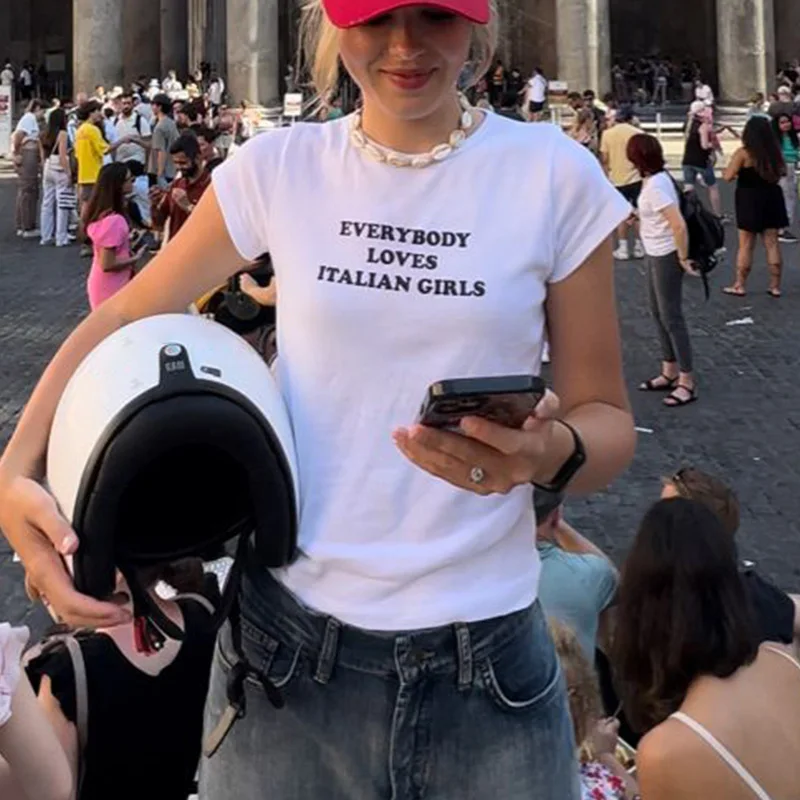 Damska koszulka z nadrukiem Italy Girl z krótkim rękawem Skinny Y2K Tops Summer Harajuku Sexy Baby Tees Anime Vintage Kawaii Short Tees