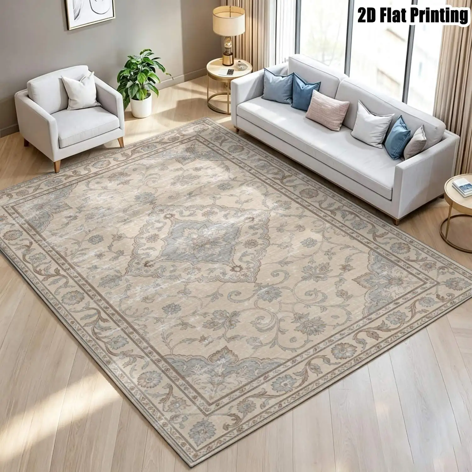 1Pc 2D Printed Carpet: Beige & Blue Retro Patterns, European Style, Geometric Design, Machine Washable, Multi-Size, Ideal for Home Decor & Various Floor Mat Uses
