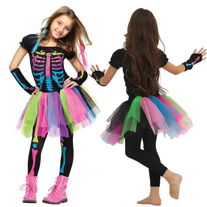 Girls Kids Halloween Colorful Skeleton Tutu Costume Set Short Sleeve Rainbow Tulle Dress For Trick Or Treat Cosplay Outfit view 2