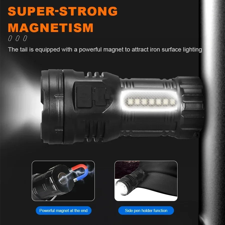 Super Bright 9LED Flashlight with COB Side Light Tactical Torch USB-C Rechargeable Camping Lantern for Outdoor Emergency Hiking