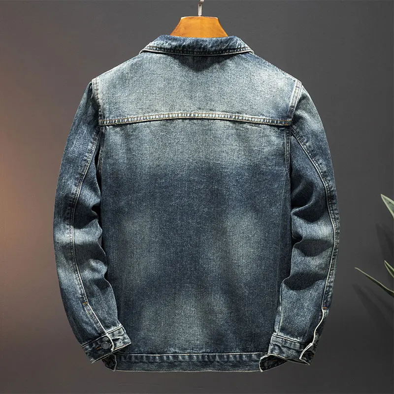 Jaket denim kasual, saku cetak modis pria, merek high street, tren retro, pas tampan dan longgar ukuran besar