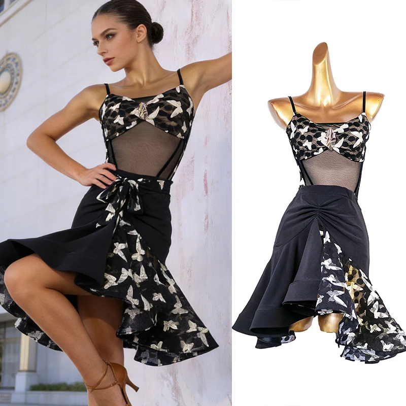 2026 Women Latin Dance Dresses Sexy Mesh Print Jumpsuit Big Swing Skirt Split Suit Chacha Samba Adults Performance Wear DN23420