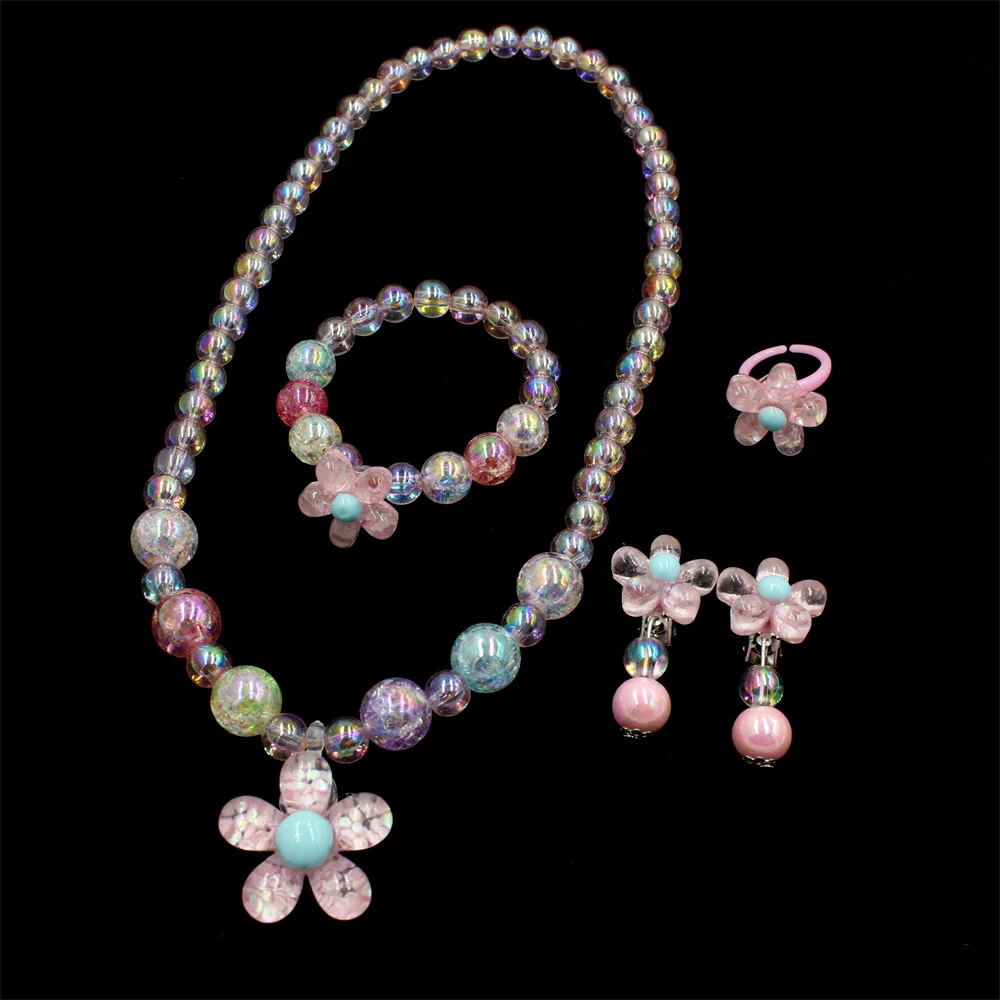 5 Stück/Set Süßes handgefertigtes Perlen-Halsketten-, Armband-, Ring- und Ohrring-Sonnenblumen-Schmuckset – perfektes Geschenk für kleine Prinzessinnen