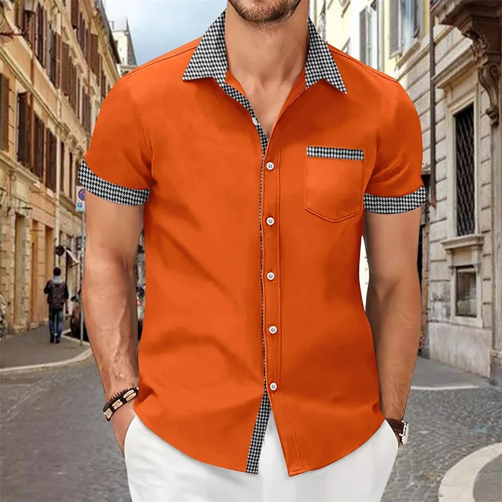 Men\'s Short Sleeve Button Shirt, Short Sleeve, Flip Collar, Casual Hawaiian, Solid Color, Comfortable, Summer, 2024