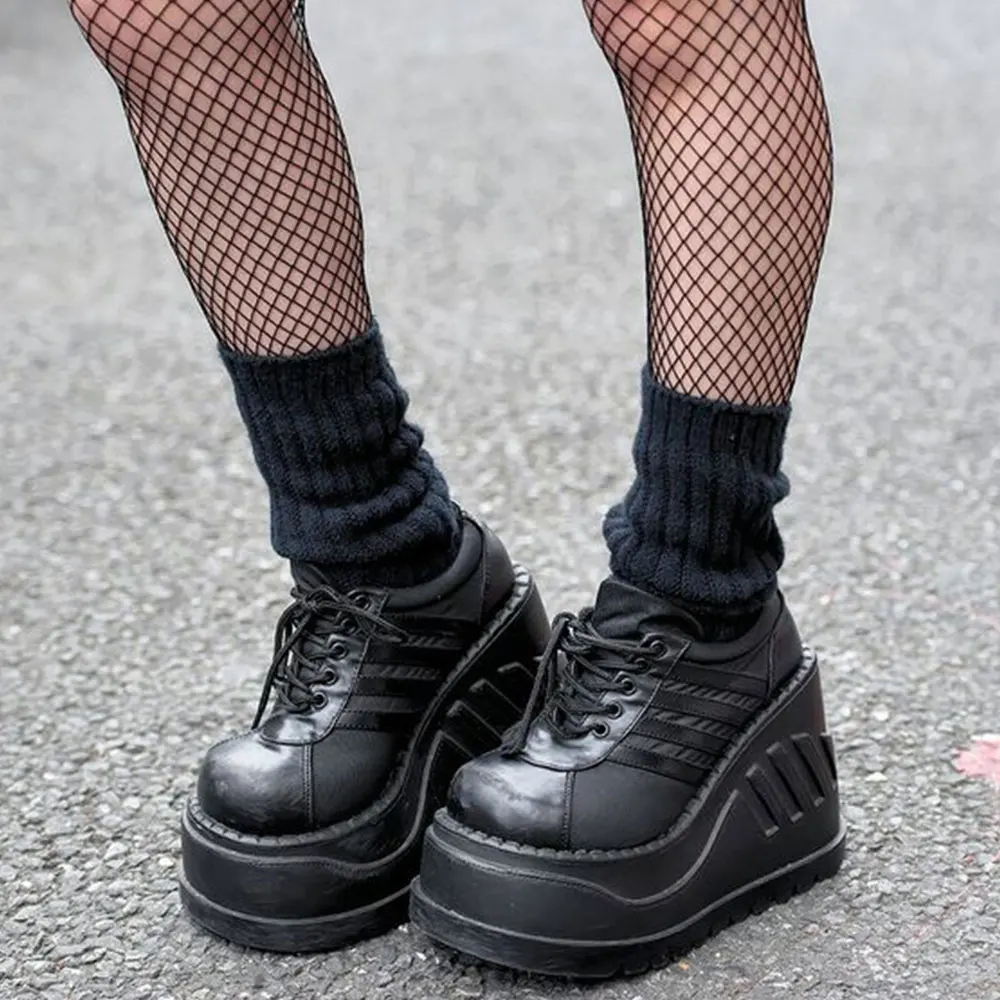 2024 Big Size 43 Spring Women's Vintage Gothic Black Chunky Platform Shoes Retro Punk Lace-up Casual High Heeled Wedges Pumps