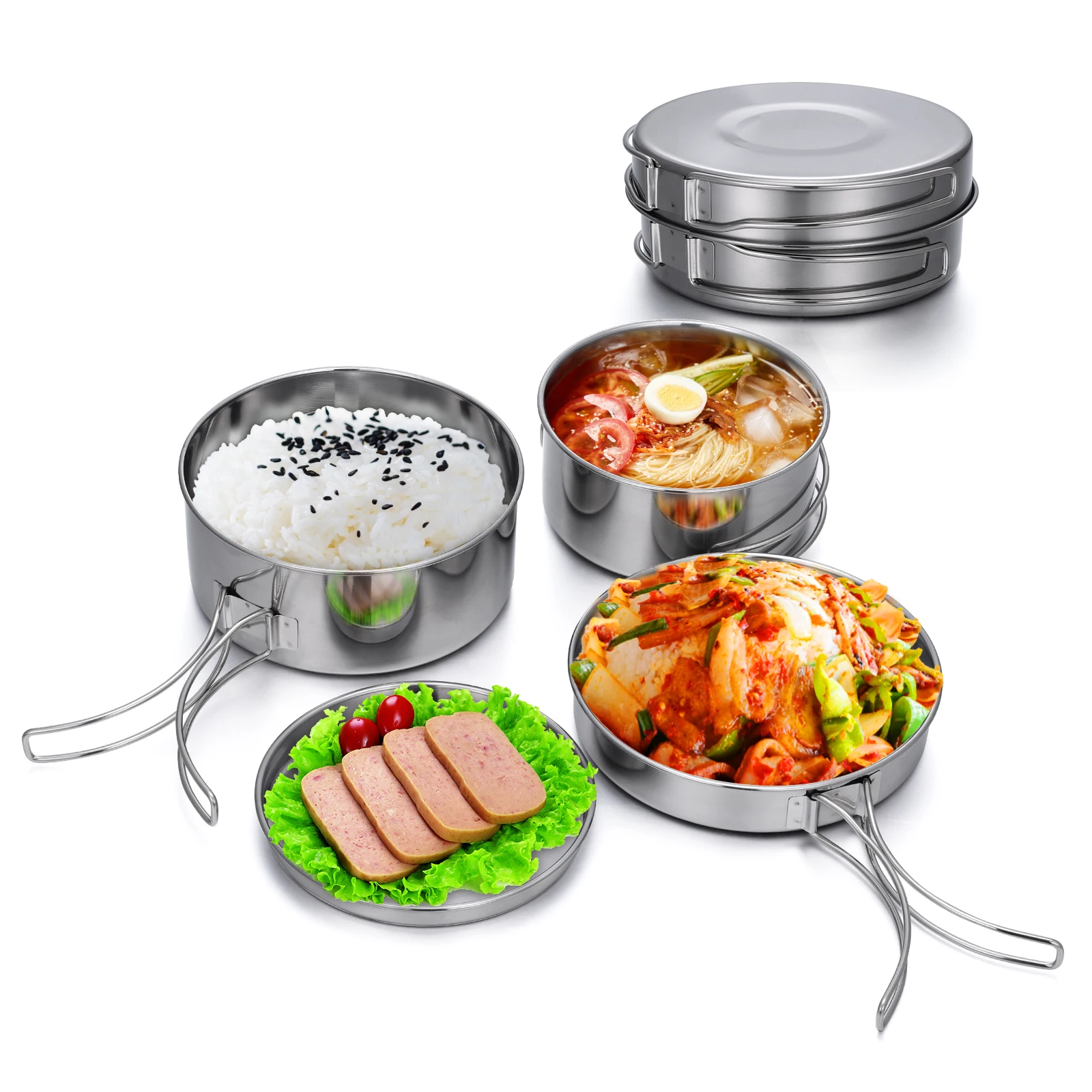 Outdoor Stainless-Steel Camping Cookware Set Hiking Backpacking Cooking Picnic Bowl Pot Set