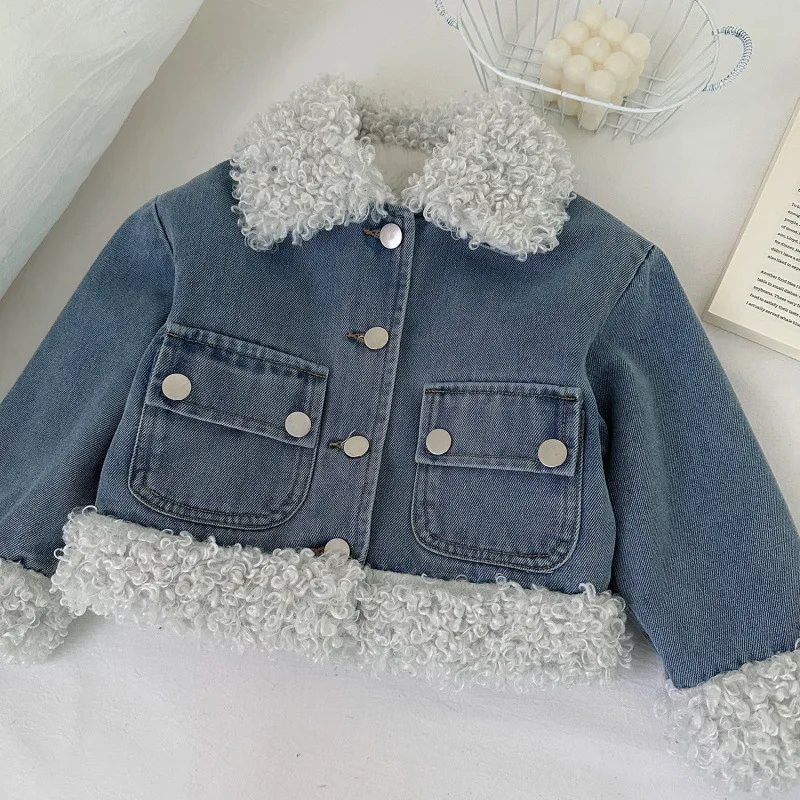 

2025Winter New Girls' Fleece-Lined Denim Set Children's Thickened Jacket and Cotton-Padded Skirt Two-Piece Set Trendy