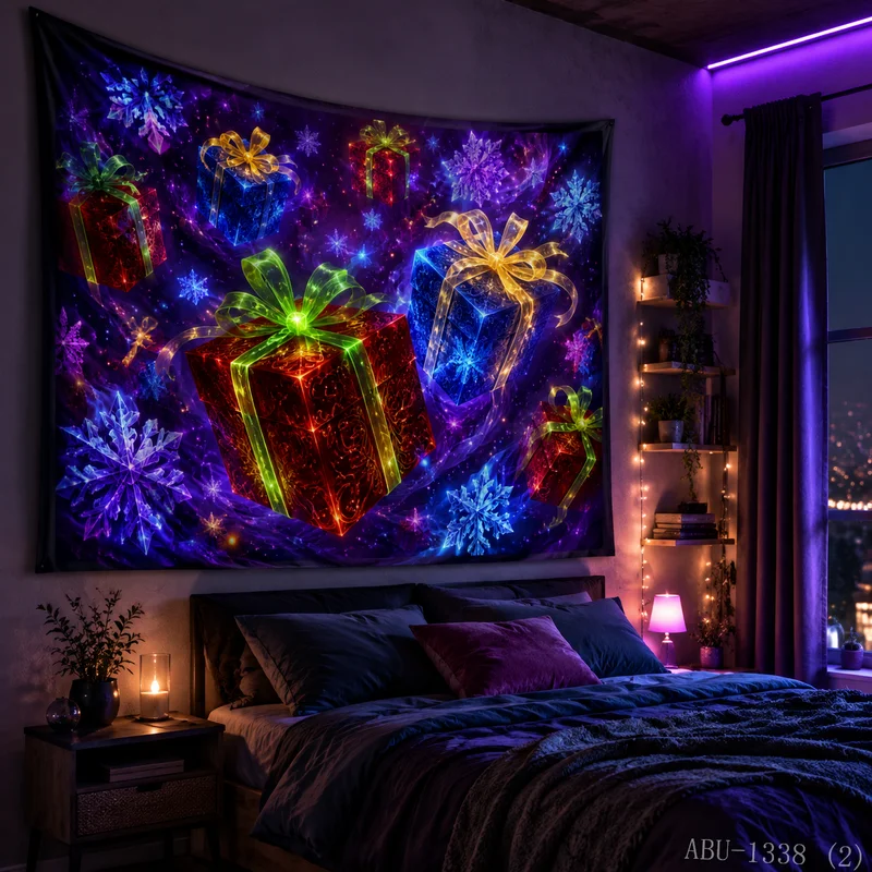 VIKAMA Fantasy Forest Neon Gift Box Snow Flowers Christmas Tapestry Background Hanging Cloth Living Room Room Decoration