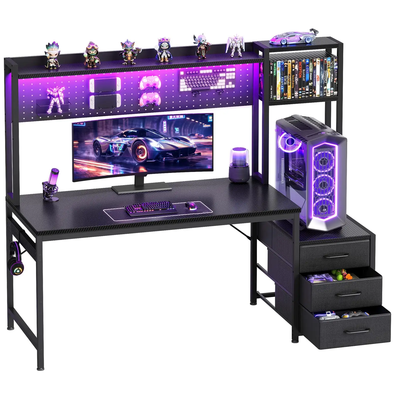 55 Inch Gaming Desk with Pegboard & Top Hutch, Led Lights & 3 Drawers