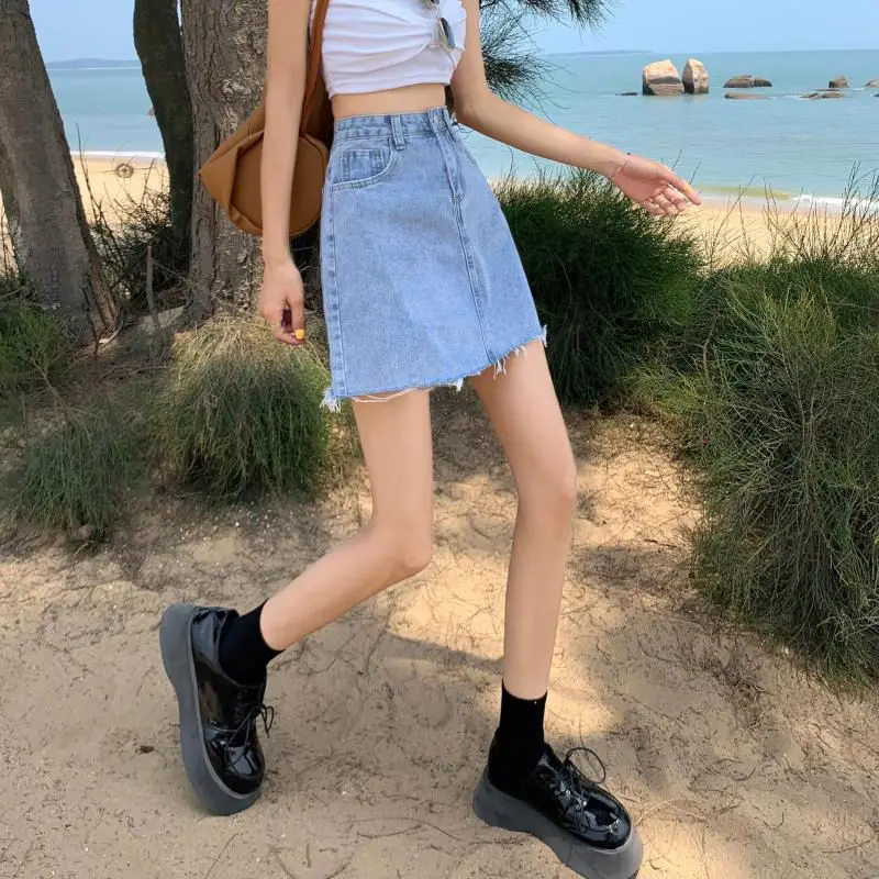Womens High Waist Denim Skirt Bow Embroidery Aline Short Khaki Anti Exposure Sweet Look