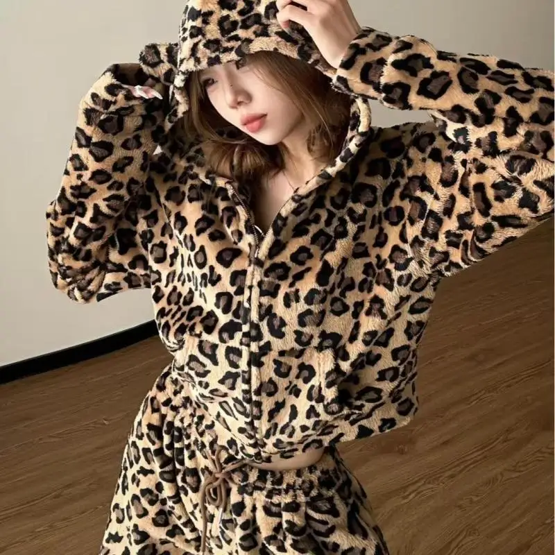 Y2K Spicy Girl Pajamas Autumn Winter Women's New Warm Hooded Two Piece Set Fashionable and Elegant Girl's Casual Home Clothes