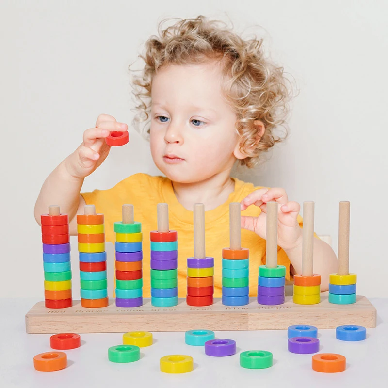 Wooden Color Sorting Stacking Toys Montessori Rainbow Rings Game For Toddlers