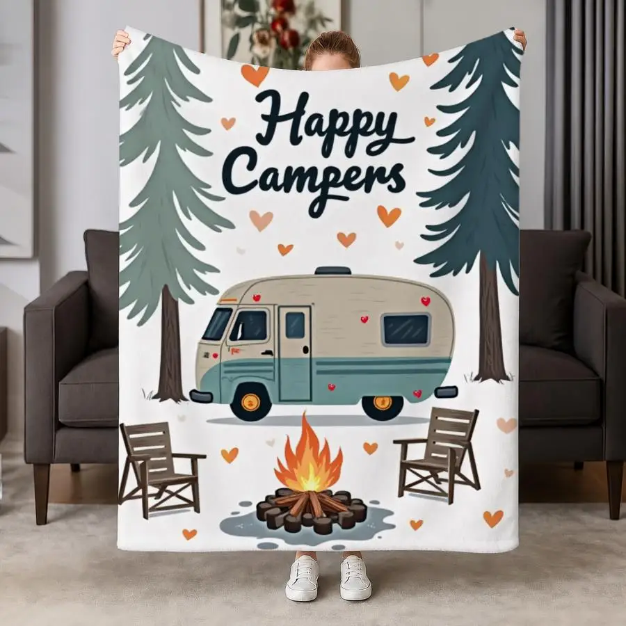 Cozy Happy Campers Weighted Blanket - Soft Flannel Fleece Suitable for Couch, Bed, Travel | Vintage Camper & Pine Tree Design, Warm Throw for &, Machine Washable Gift for Camping Enthusiasts, - Bedspread